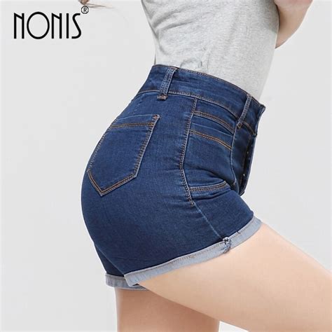 Nonis Four Buttons Classic Elastic High Waist Women Jeans Shorts Feminino Shorts Slim Plus Size