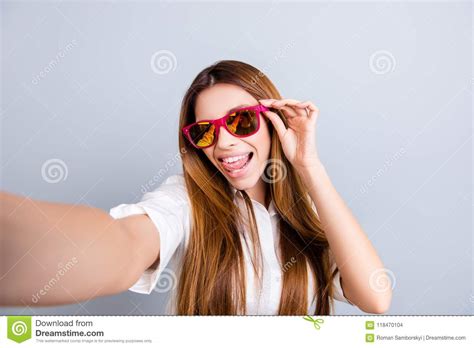Selfie Mania Funky Mood Attractive Young Lady Is Making A Selfie On The Camera Flirty And