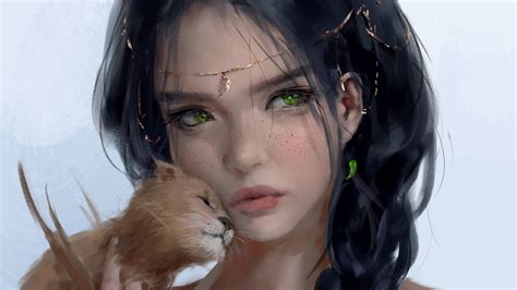 Anime Anime Girls Wlop Ghostblade Dark Hair Green Eyes Face Animals