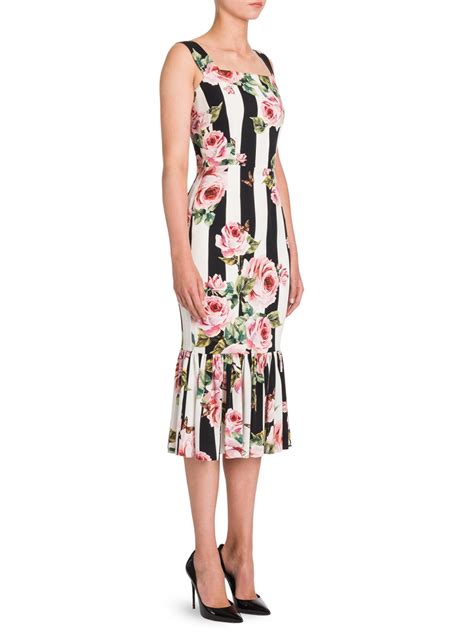 Dolce And Gabbana Rose Print Striped Dress Lyst
