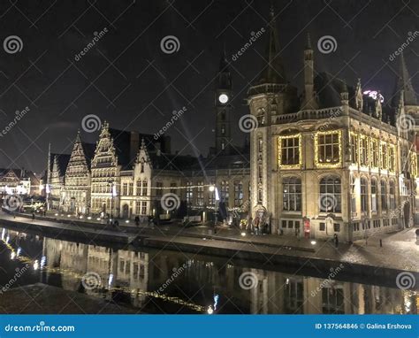 Night View Of City Gent In Belgium Stock Photo Image Of Buildings