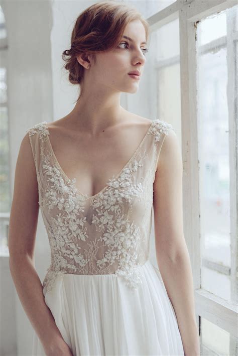 Silk Wedding Dress Kyrene Simple Bridal Gown Beaded Lace Etsy