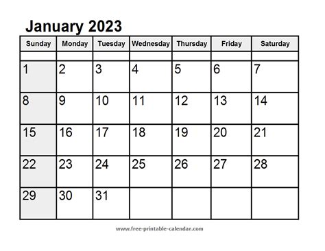 Calendar January 2023 Free Printable