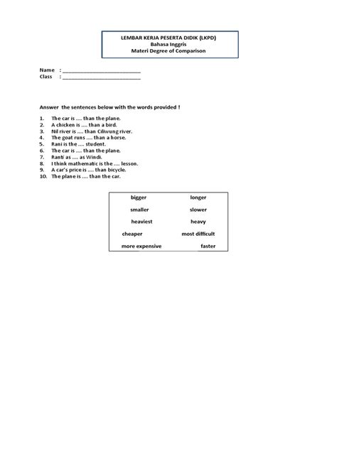 lembar kerja peserta didik lkpd bahasa inggris materi degree of comparison pdf