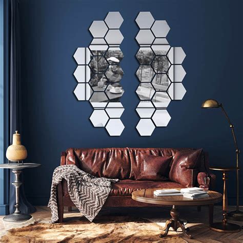 hexagon shape mirror wall decor 32 pcs mirror effect wall decal silver wall sticker 16 x 18 5
