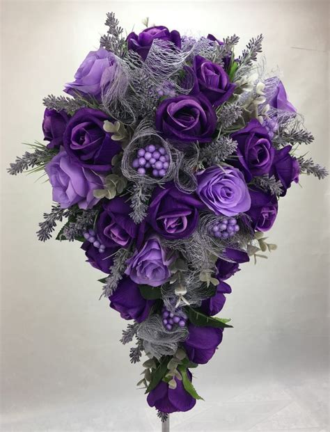 artificial silk flowers dark purple purple roses teardrop wedding bouquet silk flowers wedding