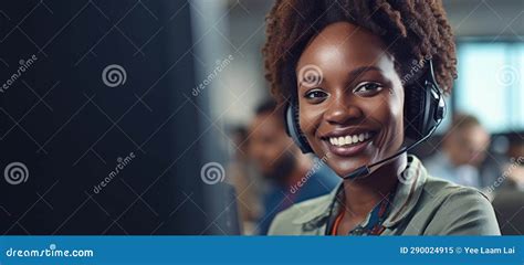 African Black Woman Call Center Customer Support With Headset Ai Stock