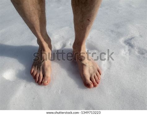 Man Walks His Bare Feet Snow Stock Photo 1349713223 Shutterstock