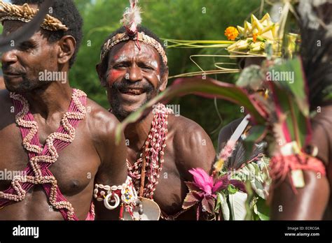 Melanesia Papua New Guinea Sepik River Area Murik Lakes Karau Village Villagers Dressed In