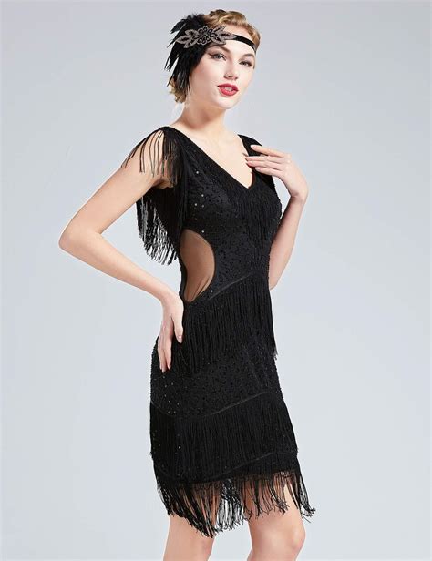 BABEYOND S Flapper Dress V Neck Sequin Beaded Dress Roaring S Gatsby Fringe Party Dress