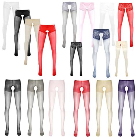 Mens Sexy Sheer Mesh Crotchless Pantyhose Lace Stockings Tights Pants
