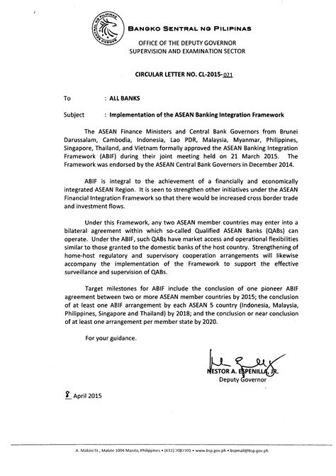 BSP Circular Letter No. CL-2015-021: Implementation of the ASEAN Banking Integration Framework ...