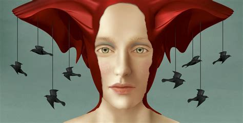 A Woman With Red Hair And Birds Flying Around Her Head