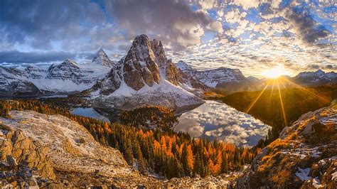 Mount Assiniboine At The Time Of Sunset Trees Clouds Landscape