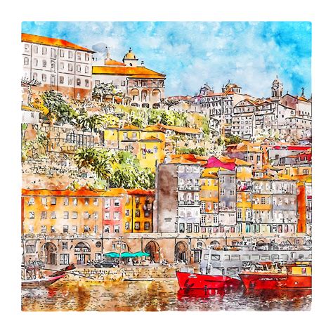 Rio Douro Porto Portugal Esboço Em Aquarela Ilustração Desenhada à Mão