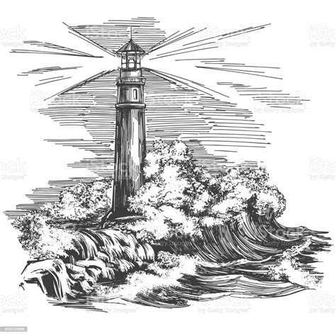 Lighthouse Lighthouse In The Dark And Sea Landscape Storm Hand Drawn