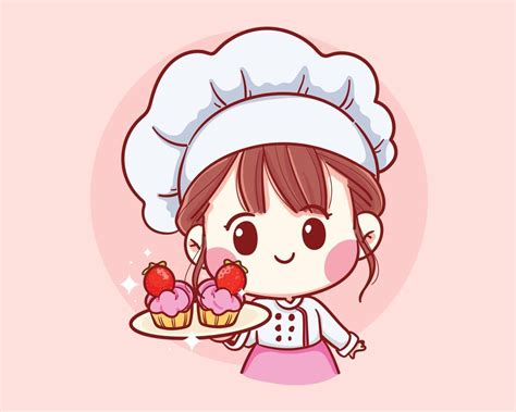 Cute Bakery Chef Girl Holding Strawberry Cake Smiling Cartoon Art