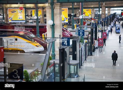 Eurostar Trains Arrive At Platform In Paris Gare Du Nord France Europe