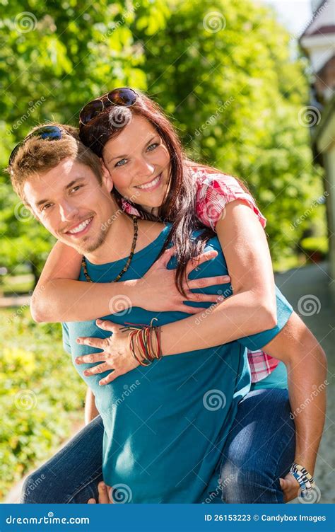Happy Couple Woman Jump On Man S Back Stock Image Image Of Embrace Enjoyment 26153223