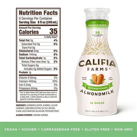 Califia Farms Unsweetened Almond Milk 48 Oz Dairy Free Vegan
