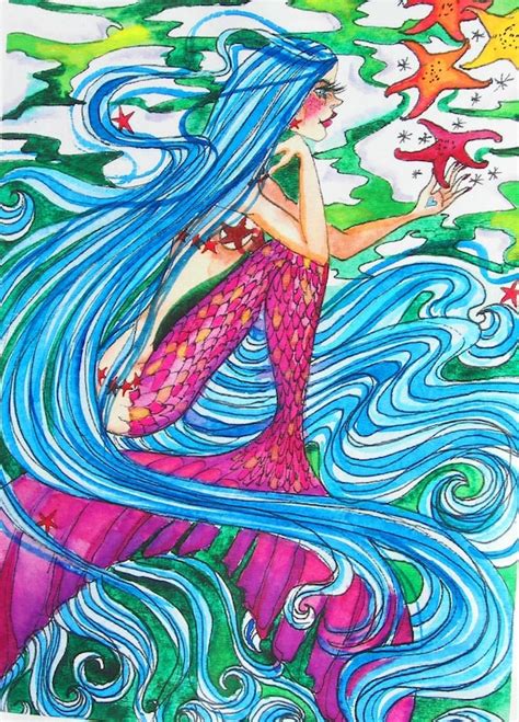 Starry Mermaid Original Watercolor Painting By Snowseychelle