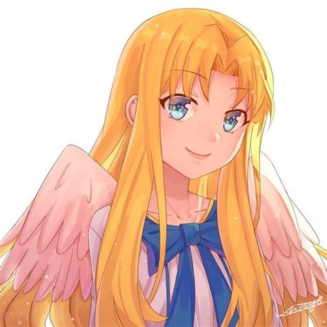 An Anime Character With Long Blonde Hair And Blue Eyes Wearing A Pink Outfit That Has Angel