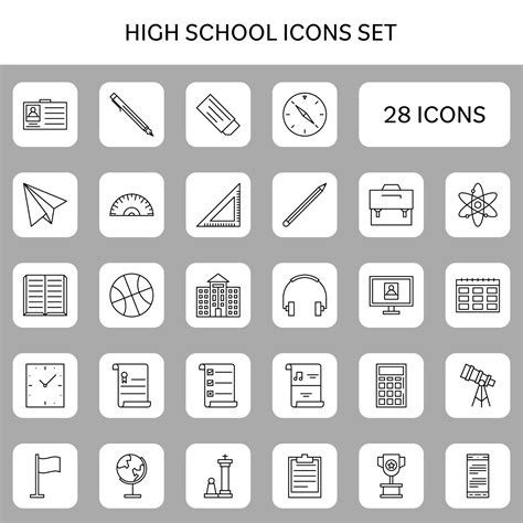 Black Line Art High School Icon Set On Grey And White Square Background