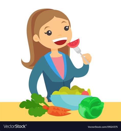 Caucasian Woman Eating Healthy Vegetable Salad Vector Image