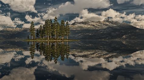 Nature Landscape Clouds Trees Forest Water Reflection Horizon