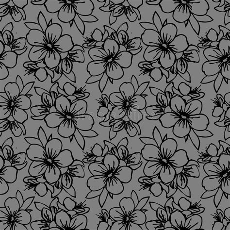 Seamless Pattern Of Black Contours Of Flowers On A Gray Background