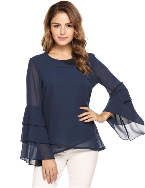 Navy Blue Chiffon Multilayer Bell Blouse Chiffon Sleeve Blouse Blouse Sleeves