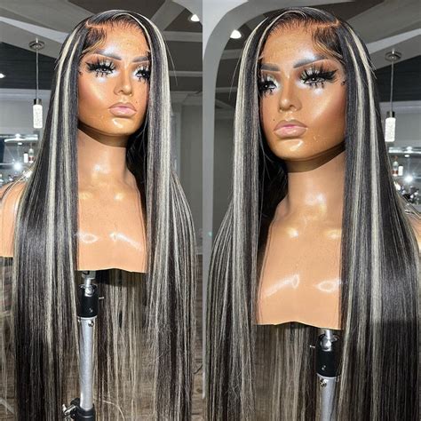 30 Inch 13x4 Straight Black Wigs With Gray Highlights Lace Front Wig F