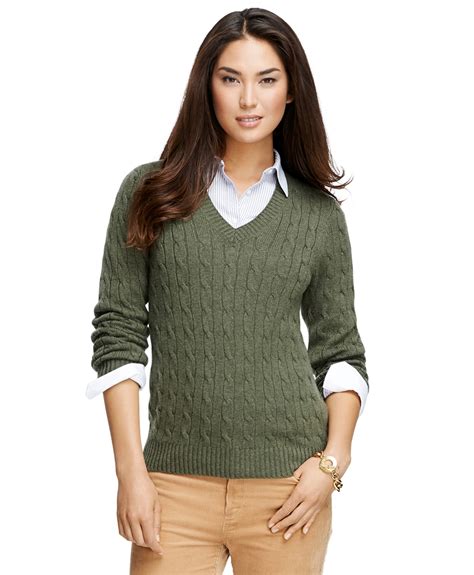 Womens Cashmere Cable Knit V Neck Sweater Brooks Brothers