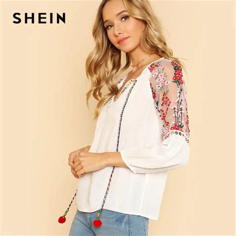 Buy Shein Bohemian Boho Floral Mesh Blouse Shoulder Pom Pom Embroidery Womens
