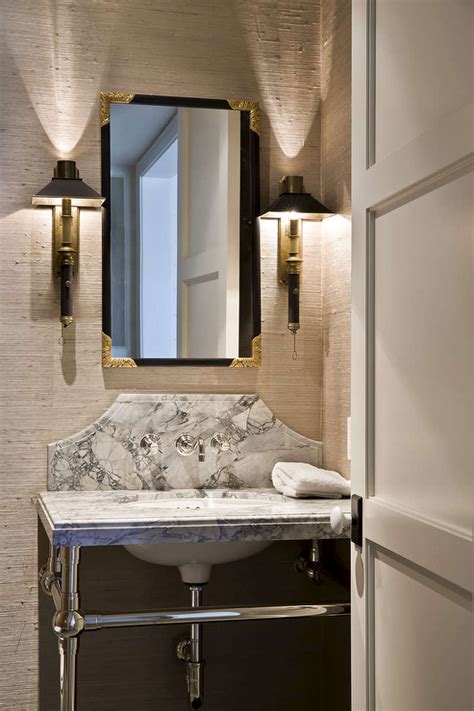 Powder Room Vanity With Curved Marble Backsplash Transitional Bathroom