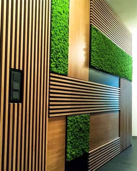 A Green Wall In An Office With Wood Panels And Grass Growing On The