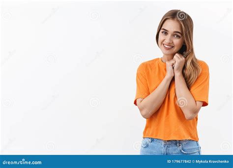 Portrait Of Beautiful Silly Cute Blonde Girl Feel Touched Looking At