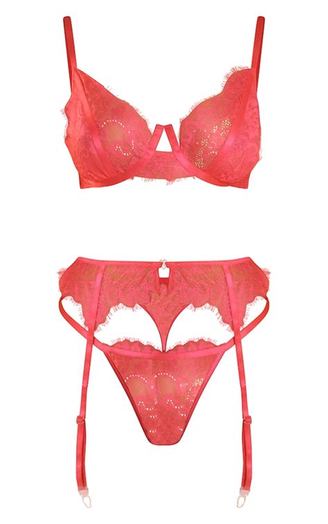 Hot Pink Floral Underwired 3 Piece Lingerie Set Prettylittlething