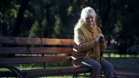 Sad Lonely Old Woman Sitting On Bench In Park Abandoned Elderly People