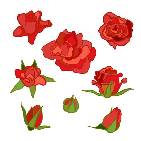 Vector Colorful Set With Flowers Red Rose Clip Art Elements For