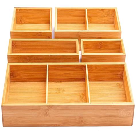 5 Piece Bamboo Drawer Organiser Durable Storage Box Multi Sized