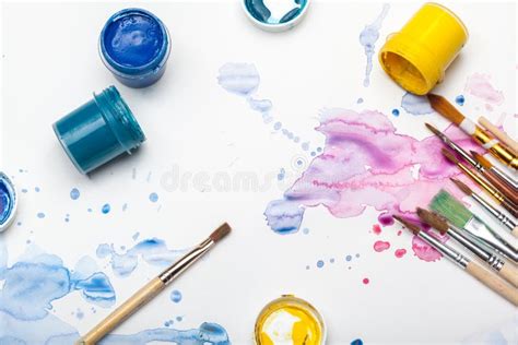 Splashes Of Watercolor Paint And Painting Supplies Stock Image Image