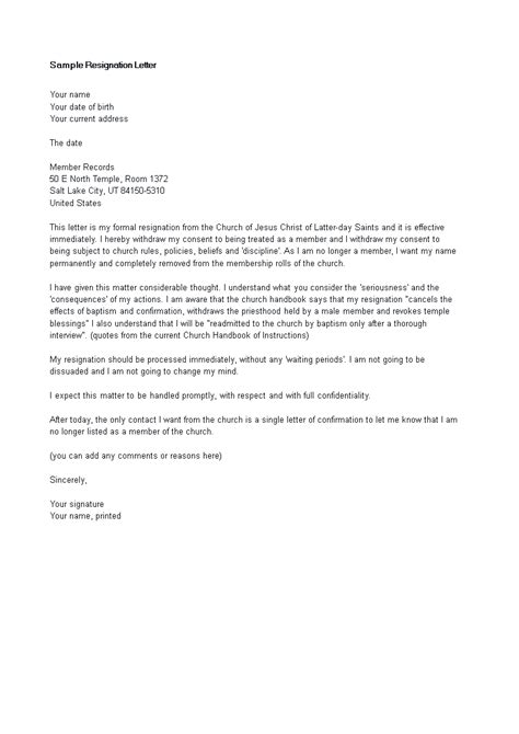 Free Sample Church Resignation Letter | Templates at ...