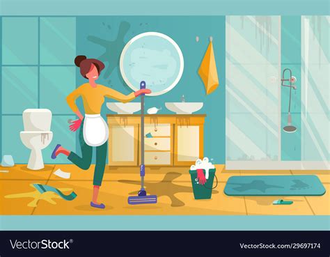 Yound Woman Cleaning Dirty Bathroom Housewife Vector Image