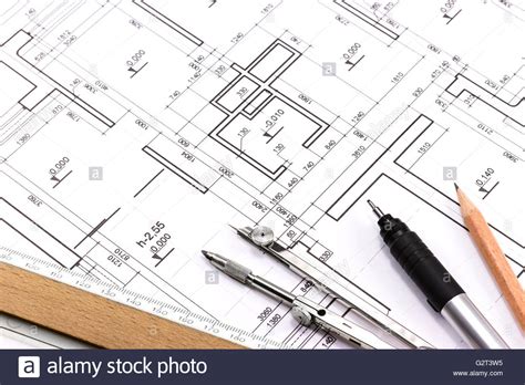Architectural Background With Technical Drawings And Work