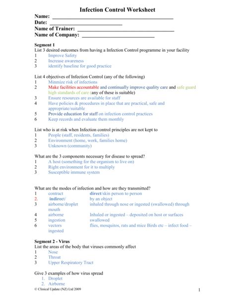 Infection control worksheet