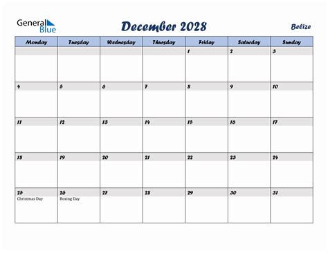 December 2028 Monthly Calendar Template With Holidays For Belize