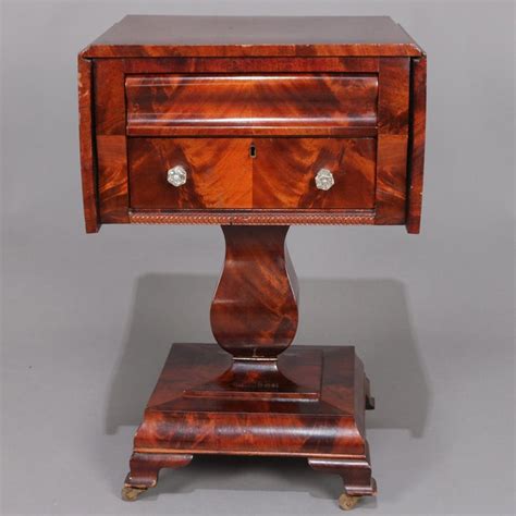 Antique American Empire Flame Mahogany Two Drawer Drop Leaf Sewing