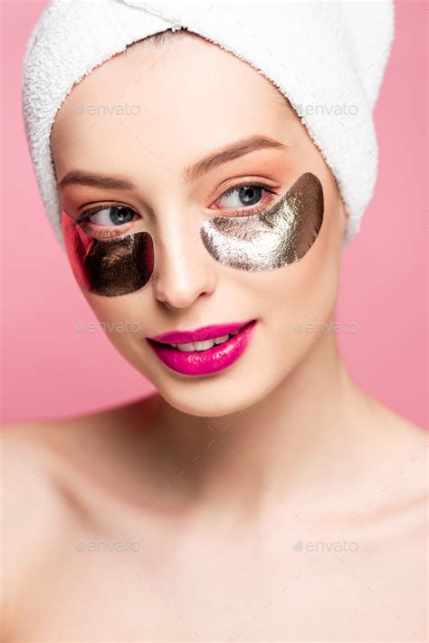 Beautiful And Naked Woman In Eye Patches Isolated On Pink Stock Photo By LightFieldStudios
