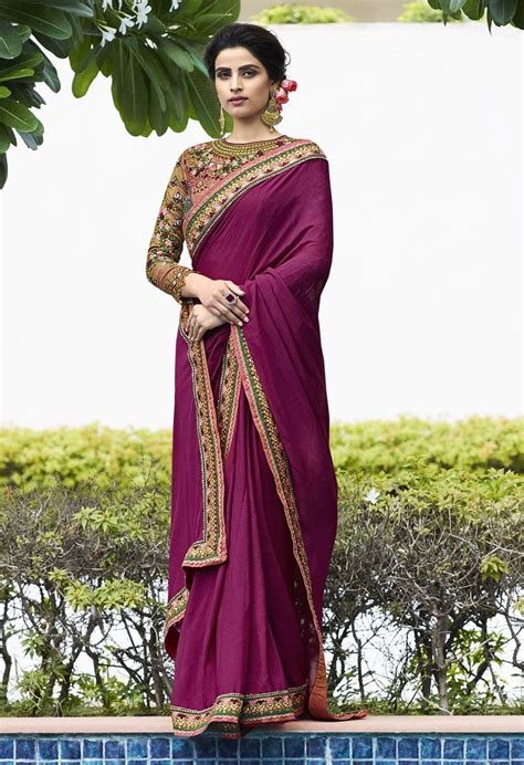 wine indian designer party wear silk sari with embroidery and border work k16358 saree designs